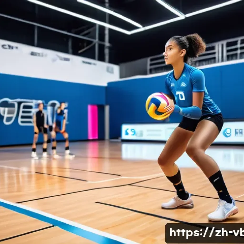 배구 관련 최신 트렌드 - A high-tech volleyball training scene featuring a young athlete wearing smart volleyball shoes with ...