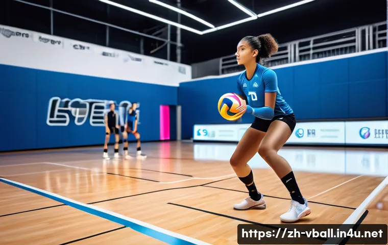 배구 관련 최신 트렌드 - A high-tech volleyball training scene featuring a young athlete wearing smart volleyball shoes with ...