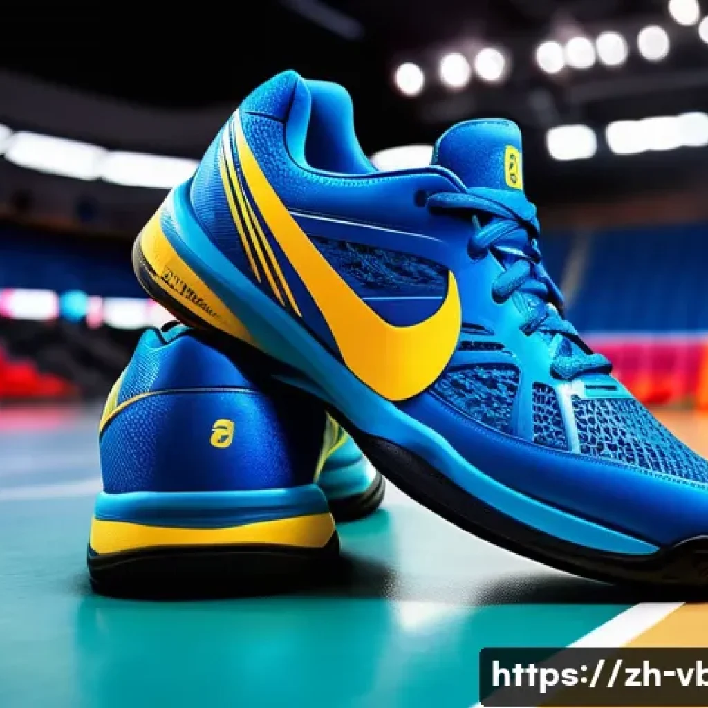 배구 관련 경품 아이디어 - A dynamic sports scene featuring a pair of high-performance volleyball shoes on an indoor court, emp...
