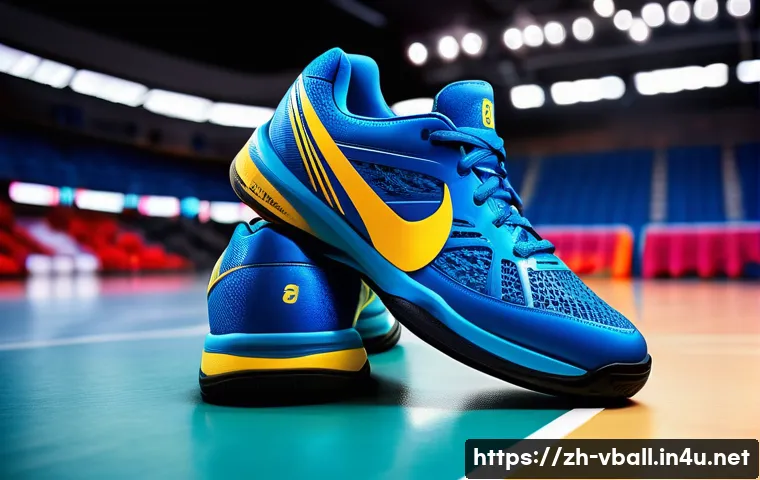 배구 관련 경품 아이디어 - A dynamic sports scene featuring a pair of high-performance volleyball shoes on an indoor court, emp...