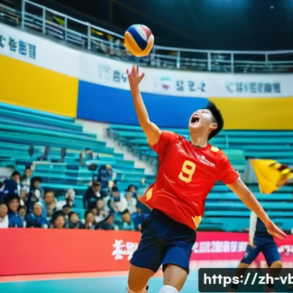 배구 경기 중 유머 상황 - A dynamic volleyball match scene capturing a humorous moment where two male players wearing colorful...