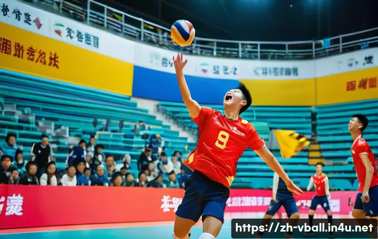 배구 경기 중 유머 상황 - A dynamic volleyball match scene capturing a humorous moment where two male players wearing colorful...
