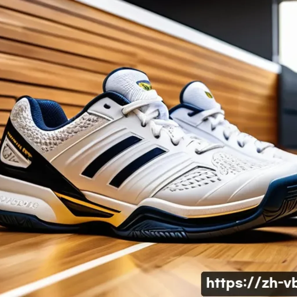 배구 경기 준비를 위한 도구 - A detailed close-up of modern volleyball shoes designed for indoor wooden courts, showcasing non-sli...