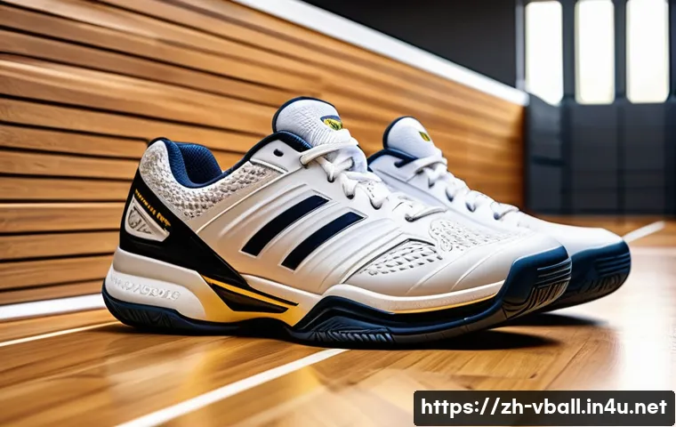 배구 경기 준비를 위한 도구 - A detailed close-up of modern volleyball shoes designed for indoor wooden courts, showcasing non-sli...