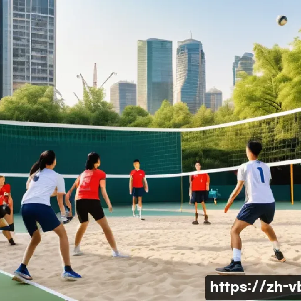 배구 모임 일정 - A vibrant outdoor volleyball gathering in a modern urban park during late afternoon, showing a diver...