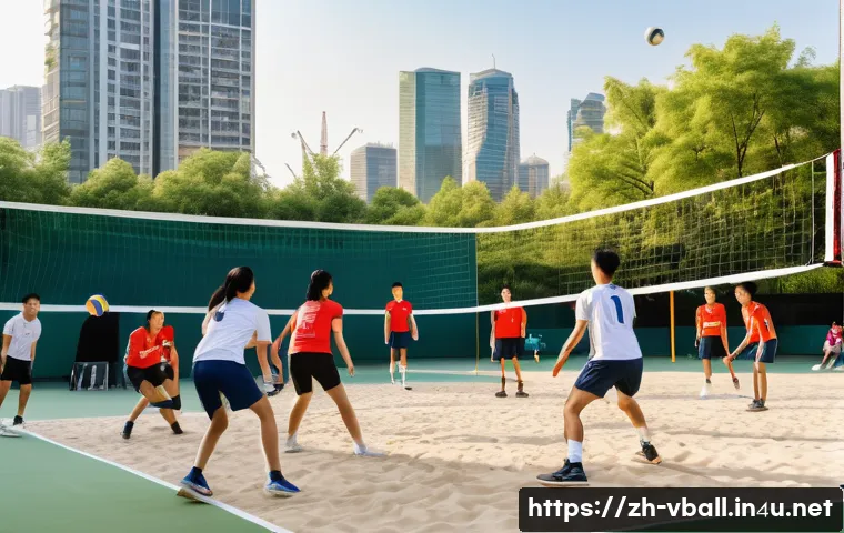 배구 모임 일정 - A vibrant outdoor volleyball gathering in a modern urban park during late afternoon, showing a diver...