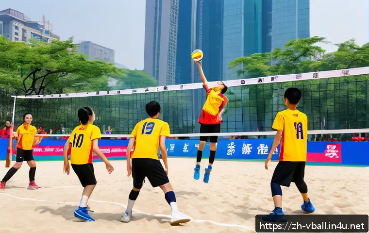 배구 관련 문화 행사 - A vibrant volleyball cultural festival scene in a modern Chinese city park during daytime, featuring...