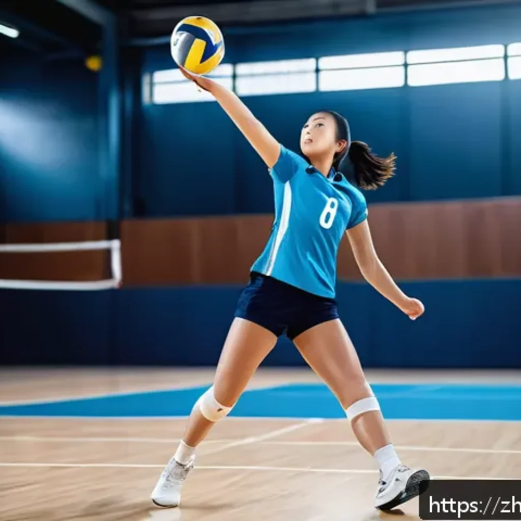 배구 관련 교육 자료 - A dynamic volleyball scene showing a young female athlete practicing a powerful jump serve on an ind...
