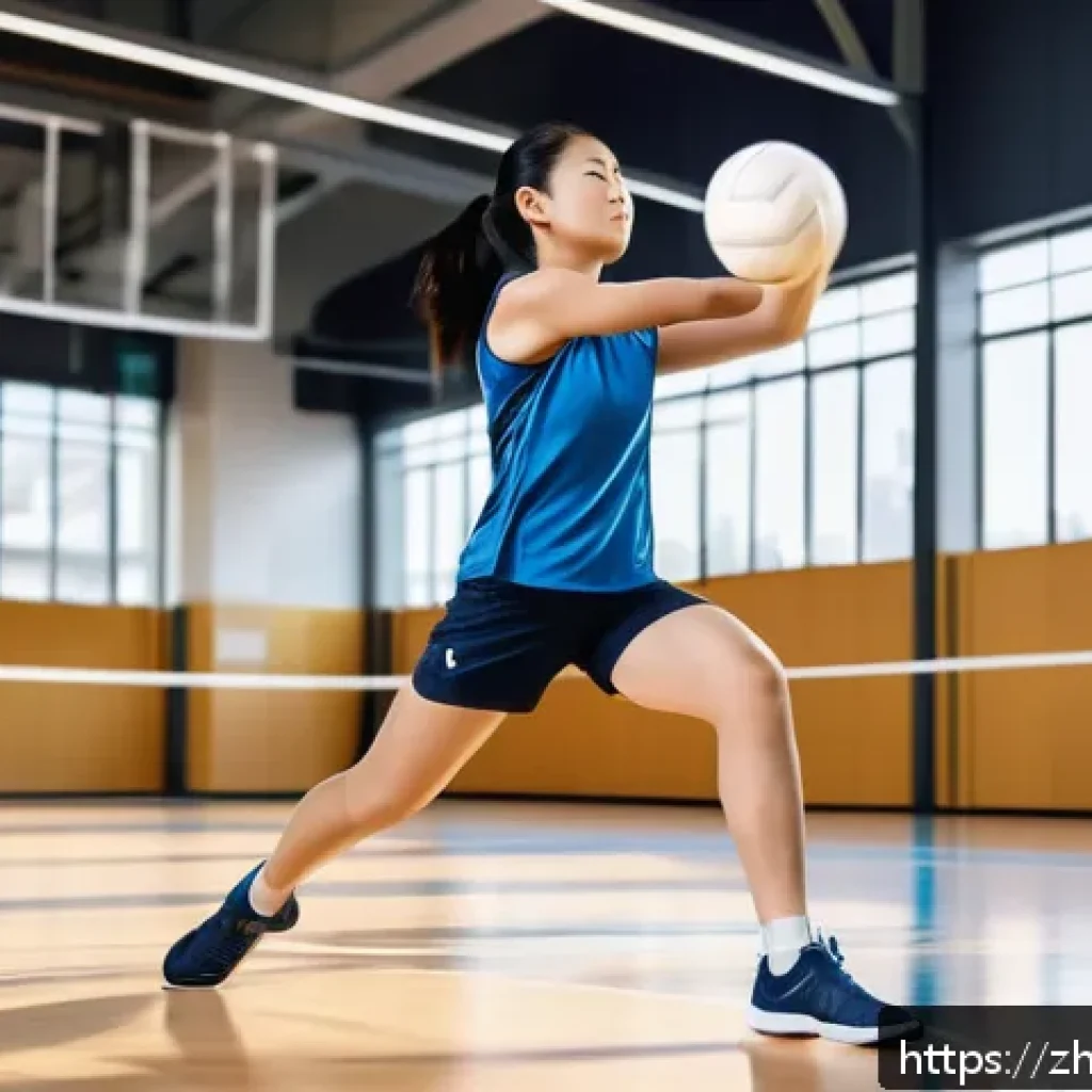 배구 스트레칭 루틴 - A dynamic volleyball training scene featuring a young Asian athlete performing shoulder and wrist wa...