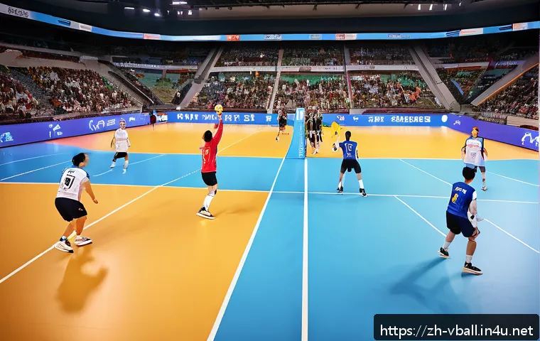 배구 리그 별 특징 - A dynamic indoor volleyball match scene showcasing a European league style, featuring players wearin...