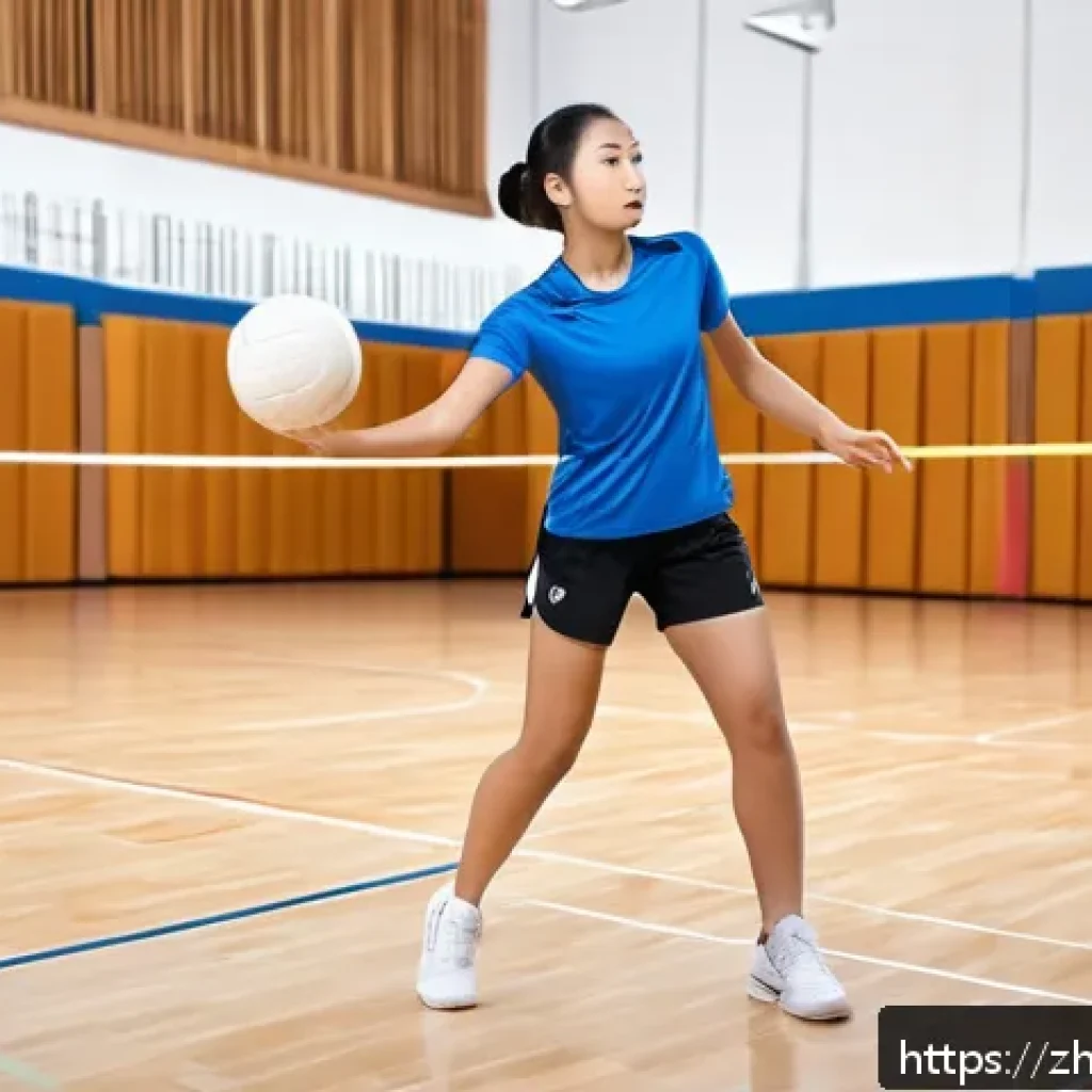 배구 경기를 위한 실내 운동 - A dynamic indoor volleyball training scene focusing on a young adult player wearing athletic shorts ...