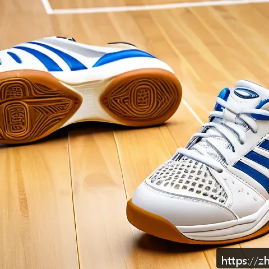 배구 장비 업그레이드 팁 - A detailed close-up shot of modern indoor volleyball shoes designed for agility and grip, featuring ...