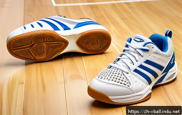 배구 장비 업그레이드 팁 - A detailed close-up shot of modern indoor volleyball shoes designed for agility and grip, featuring ...