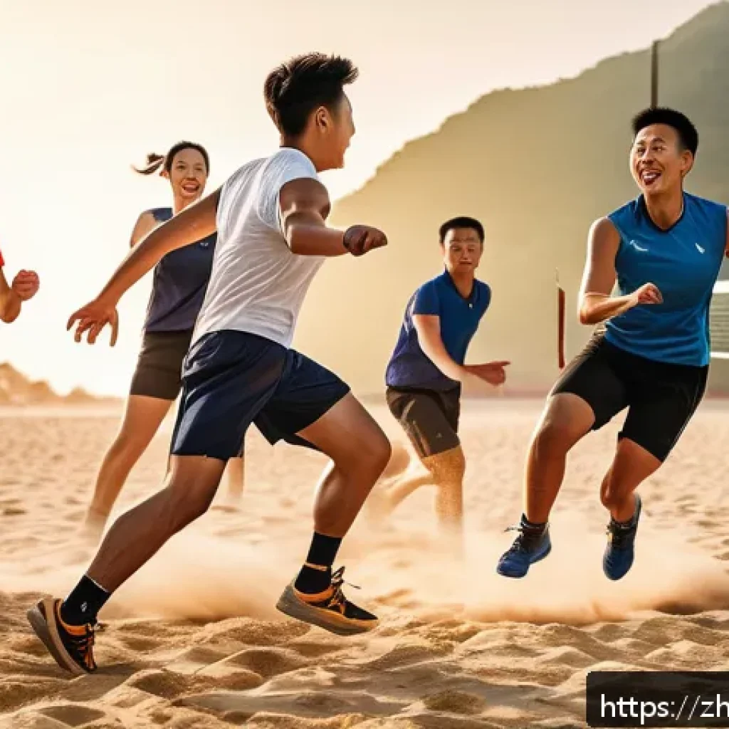 배구의 신체적 이점 - A dynamic scene of a diverse group of adult volleyball players in sportswear actively playing on an ...