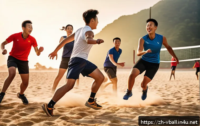배구의 신체적 이점 - A dynamic scene of a diverse group of adult volleyball players in sportswear actively playing on an ...