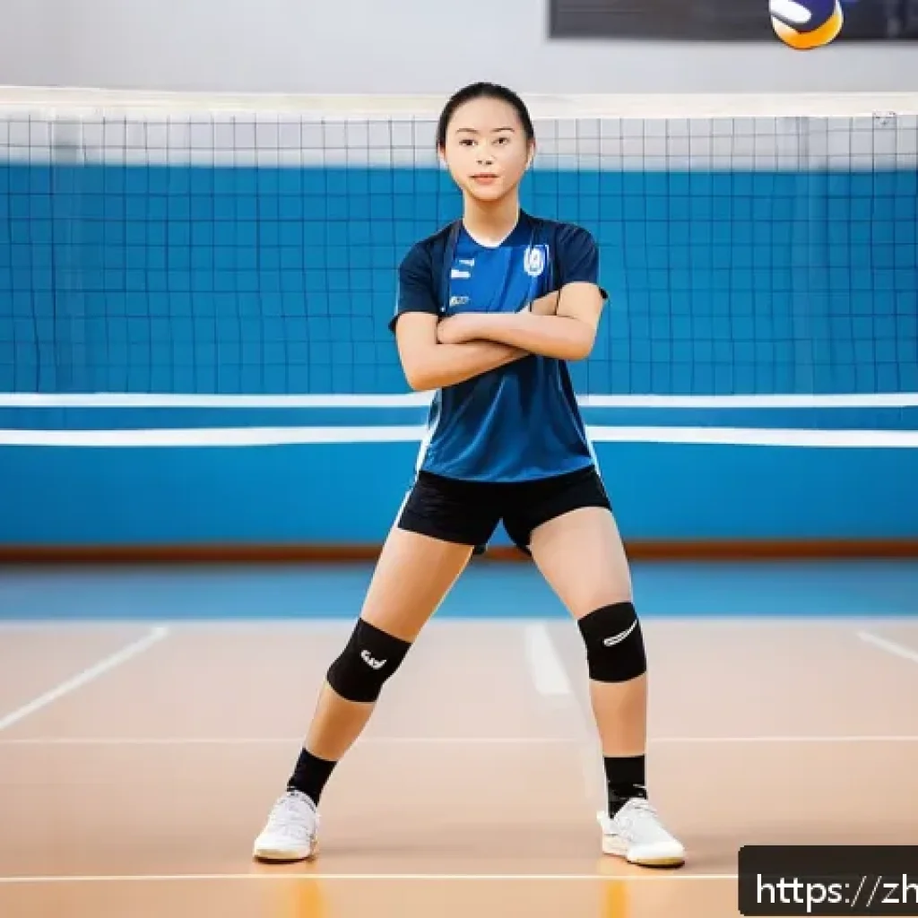 배구 초보 훈련 계획 - A young adult volleyball player practicing proper standing posture and footwork on an indoor court, ...