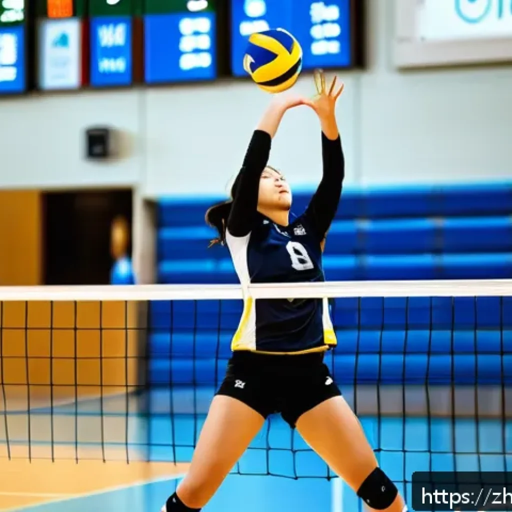배구 네트 셋업 방법 - A dynamic volleyball setter in action on an indoor court, wearing team sportswear with visible wrist...