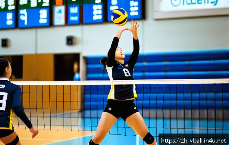 배구 네트 셋업 방법 - A dynamic volleyball setter in action on an indoor court, wearing team sportswear with visible wrist...