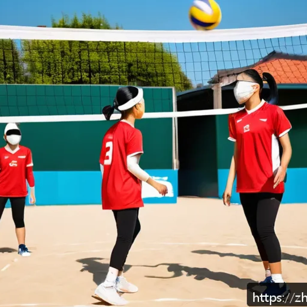 배구 팀 빌딩 활동 - A dynamic volleyball team practicing a “blindfolded passing” game outdoors on a sunny court, players...