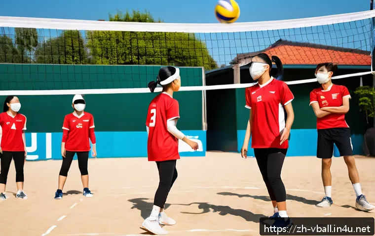 배구 팀 빌딩 활동 - A dynamic volleyball team practicing a &ldquo;blindfolded passing&rdquo; game outdoors on a sunny court, players...