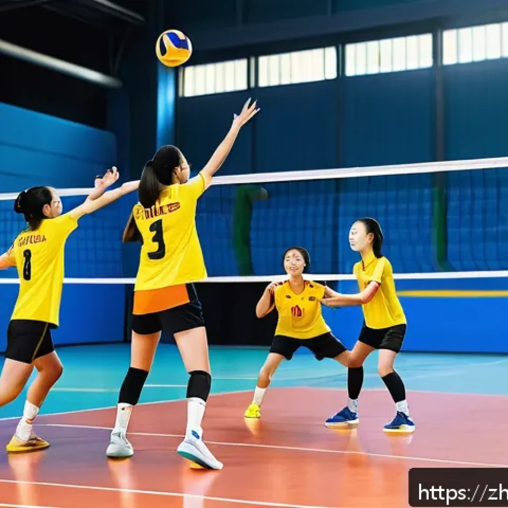 배구 경기에서 팀워크의 중요성 - A dynamic volleyball match scene featuring an amateur mixed-gender team on an indoor court, players ...