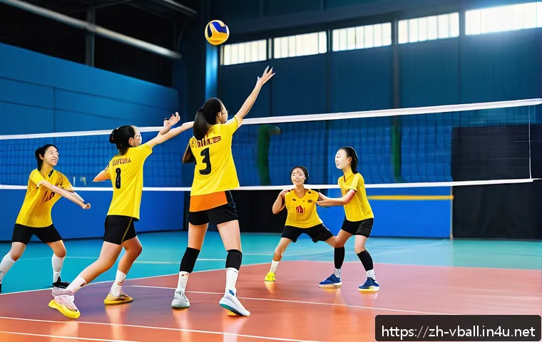 배구 경기에서 팀워크의 중요성 - A dynamic volleyball match scene featuring an amateur mixed-gender team on an indoor court, players ...