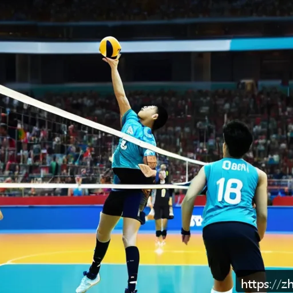 배구 경기 데이터 분석 방법 - A dynamic volleyball match scene capturing a professional male volleyball player in mid-air executin...
