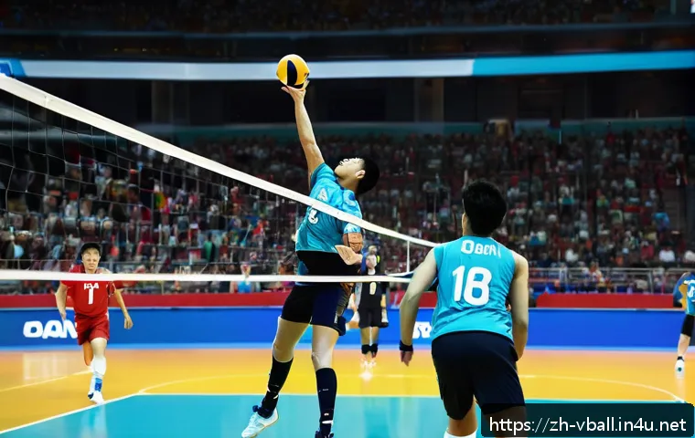 배구 경기 데이터 분석 방법 - A dynamic volleyball match scene capturing a professional male volleyball player in mid-air executin...