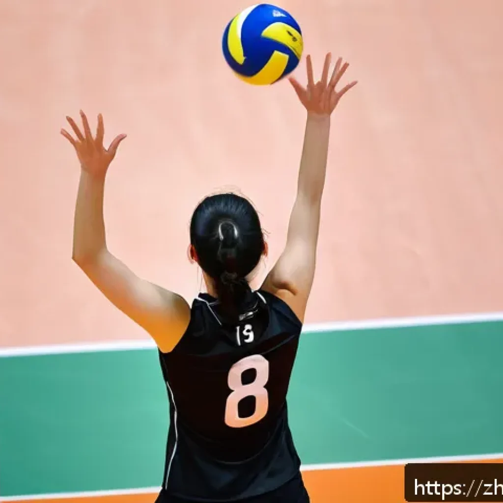 배구 경기 규칙 시험 - A dynamic volleyball scene featuring a female athlete performing an overhead serve from behind the b...