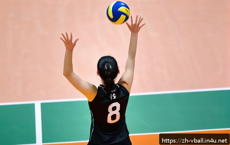 배구 경기 규칙 시험 - A dynamic volleyball scene featuring a female athlete performing an overhead serve from behind the b...