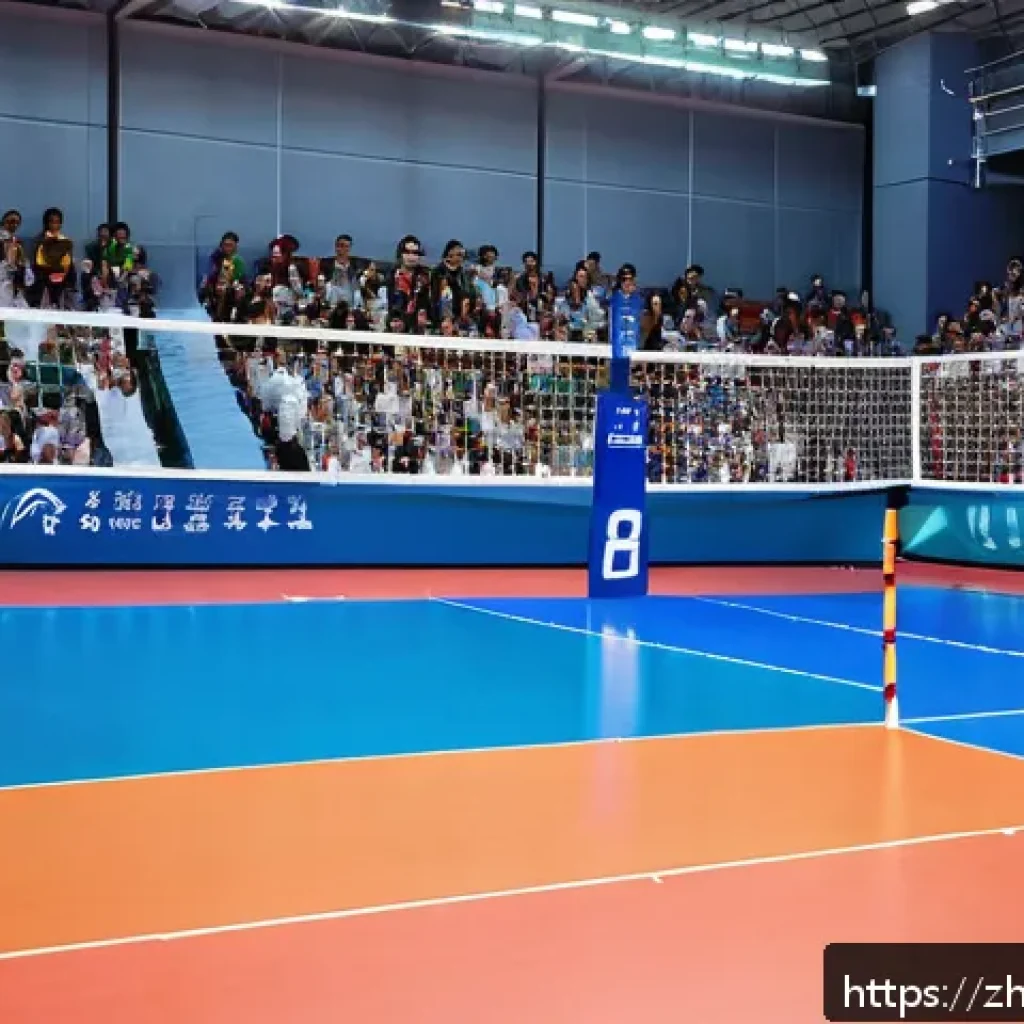배구 규칙 책자 다운로드 - A detailed indoor volleyball court scene showcasing an 18-meter by 9-meter playing area divided by a...