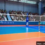 배구 규칙 책자 다운로드 - A detailed indoor volleyball court scene showcasing an 18-meter by 9-meter playing area divided by a...