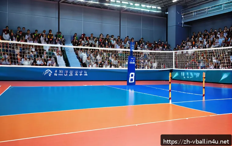 배구 규칙 책자 다운로드 - A detailed indoor volleyball court scene showcasing an 18-meter by 9-meter playing area divided by a...