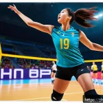 배구 경기 관람 팁 - A dynamic volleyball match scene at an indoor stadium viewed from a courtside seat, focusing on a fe...