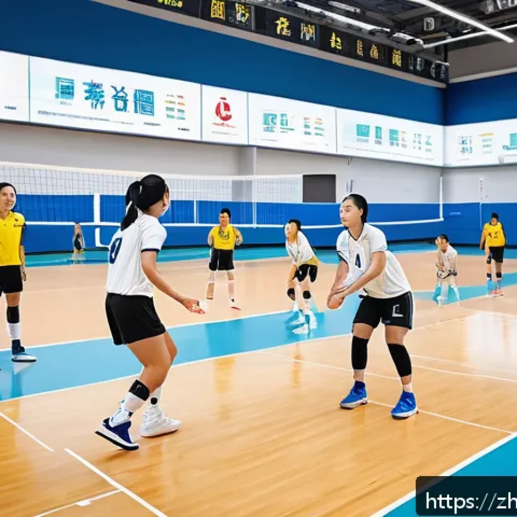 실내 배구 코트 대여 방법 - A dynamic scene of a group volleyball team actively training inside a well-lit sports complex during...