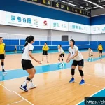 실내 배구 코트 대여 방법 - A dynamic scene of a group volleyball team actively training inside a well-lit sports complex during...
