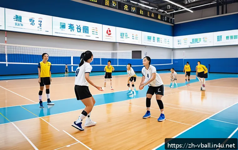 실내 배구 코트 대여 방법 - A dynamic scene of a group volleyball team actively training inside a well-lit sports complex during...
