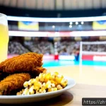 배구 경기와 함께 즐길 음식 - Photorealistic indoor volleyball arena food spread, close-up of crispy fried chicken, loaded fries, ...