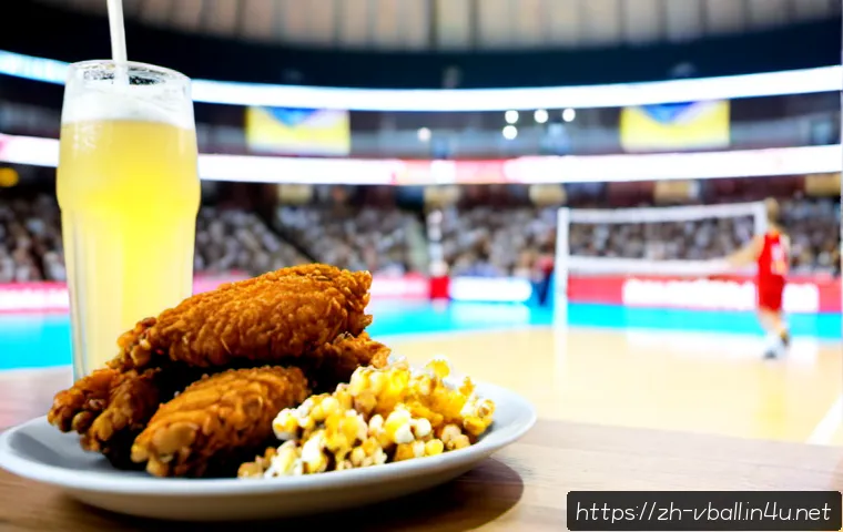 배구 경기와 함께 즐길 음식 - Photorealistic indoor volleyball arena food spread, close-up of crispy fried chicken, loaded fries, ...