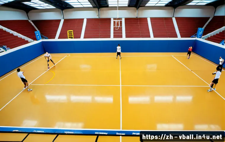 배구 경기장 특성별 훈련법 - Photorealistic indoor volleyball training on a polished hardwood court, diverse adult athletes pract...