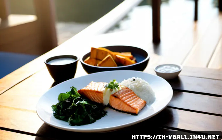 배구 경기 후 회복 음식 - Photorealistic post-volleyball recovery meal on a clean wooden table: grilled salmon, steamed rice, ...