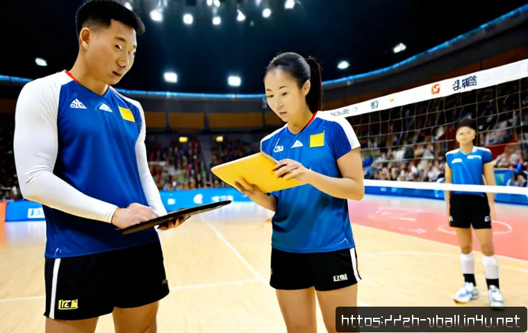 배구 경기 후 분석 방법 - Photorealistic post-volleyball-match analysis in a bright indoor sports arena, two adult coaches and...