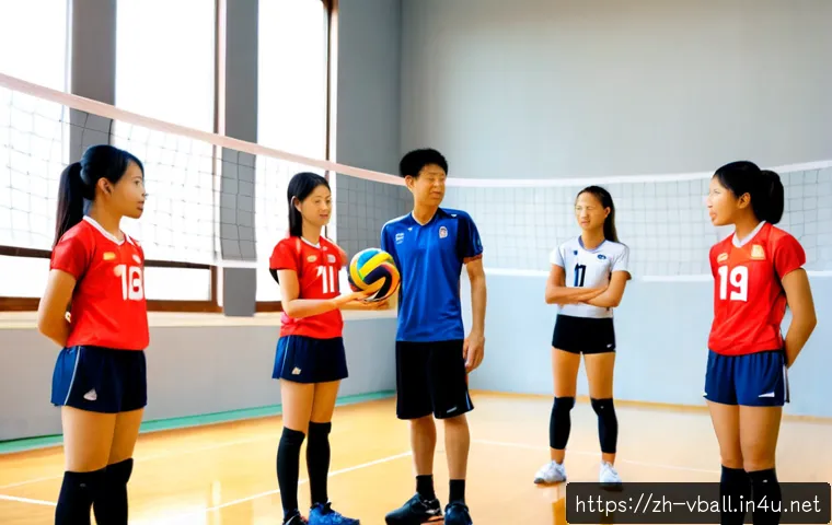 배구 코칭 철학과 원칙 - Photorealistic volleyball coach calmly guiding a diverse teenage team during practice in a bright in...
