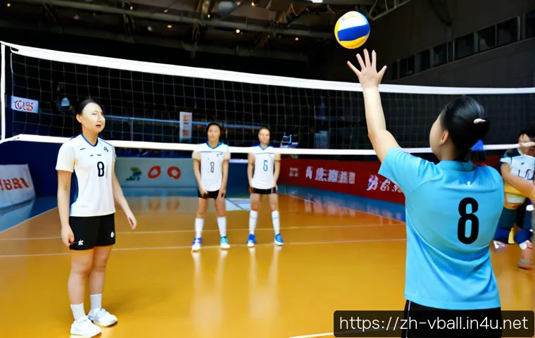 배구 경기 중 반칙 사례 - Photorealistic indoor volleyball match at the instant of a net-touch foul, athletic adult player rea...