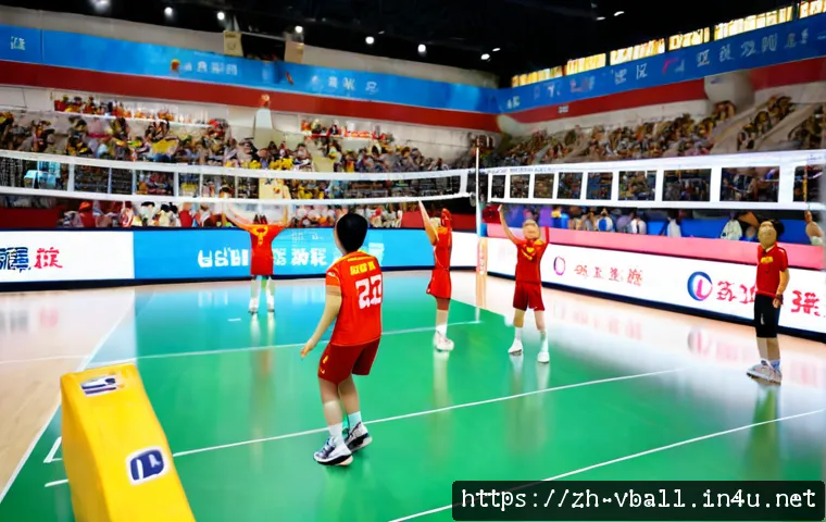 배구 관련 이벤트 홍보 - Photorealistic indoor volleyball event promotion scene, diverse adult players in clean colorful unif...